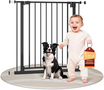 WOLTU Cancelletto per Bambini in Metallo, Cancello per Scale e Porte 75-87 cm, per Cani, Apertura Bidirezionale, Serratura Doppia, Montaggio con o senza Fori, Nero