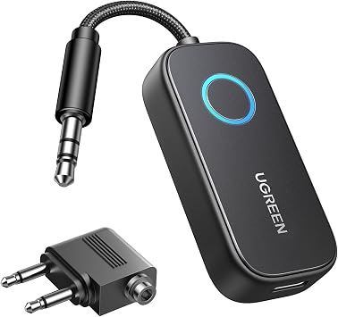 UGREEN AptX Trasmettitore Ricevitore Bluetooth5.3 Jack Adattatore Bluetooth | 2 in 1 Audio con Microfono Integrato Jack per Auto Altoparlanti TV Cuffie, 28h di Autonomia, Con Adattatore per Aereo