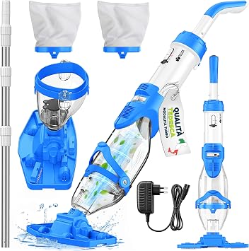 tillvex Aspirapolvere per piscina con batteria ricaricabile e asta telescopica fino a 15 m³ | Aspirapolvere elettrico per fondo piscina con 2 filtri, autonomia di 60 minuti e modalità turbo