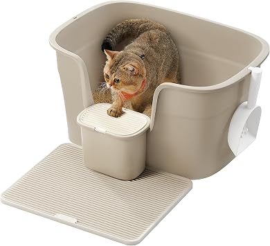 Feandrea Lettiera per Gatti in Casa, Extra Larga con Lati Rialzati, con Tavola Raccogli Lettiera, Scatola Portaoggetti, Paletta, per Più Gatti di Taglia Grande, Beige Cappuccino PPT003K01