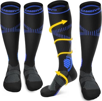 CAMBIVO Calze Compressione Graduata Donna Uomo 2Paia, Gambaletti Compressione Graduata 15-20 mmHg, Calze Elastiche a Compressione Antitrombo, Calzini Lunghe per Vene Varicose, Aereo, Sportive, Corsa