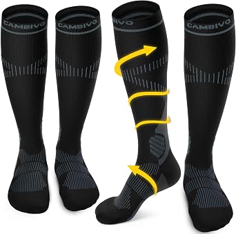 CAMBIVO Calze Compressione Graduata Donna Uomo 2Paia, Gambaletti Compressione Graduata 15-20 mmHg, Calze Elastiche a Compressione Antitrombo, Calzini Lunghe per Vene Varicose, Aereo, Sportive, Corsa