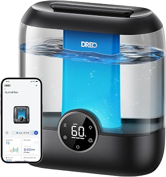 DREO Umidificatore per Bebè 6L con Sensore di Umidità, 26dB Silenzioso,Nero | 60h di Autonomia, Umidificatore Top-Fill per Piante e Casa, Nebbia Fredda a Ultrasuoni, Luce d’Atmosfera