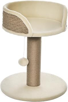 PawHut Albero Tiragraffi per Gatti Adulti e Gattini 40x40x49cm Beige | Trespolo con Lettino per Gatti, Palo in Juta, Pallina Appesa