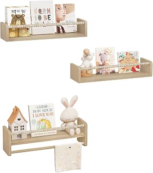 WOLTU Librerie per Bambini da Parete in Legno Massello | 50 cm Set di 3 Porta Libri per Cameretta, Scaffale Libri per Bambini, Librerie da Parete Piccole con Perline