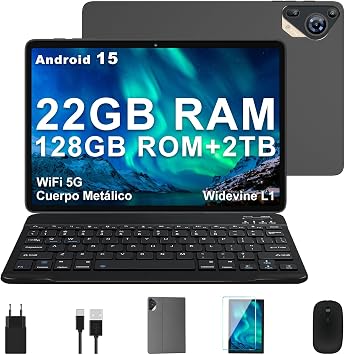 Tablet 10 Pollici Android 15 con Gemini AI, 22GB RAM+ 128GB ROM+2TB Esp., Octa‑Core, Widevine L1, Batteria 8000mAh, WiFi 5G BT 5.0, Fotocamera 8/5 MP, Tastiera Mouse Custodia, Corpo in Metallo, Grigio