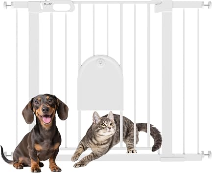 PawHut Cancellino per Cani Regolabile con Porta Piccola 75-103×76 cm Bianco | Gattaiola, Montaggio a Pressione, Barriera per Cani, Chiusura Automatica