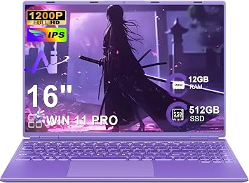 NOTODD PC Portatile 16 Pollici Laptop Win 11 Notebook Viola | Win 11 Portatile 12+512GB 1TB SSD Espansione丨Supporto 5G WIFI丨Ventola di Raffreddamento丨1920 * 1200 2K Schermo Doppio