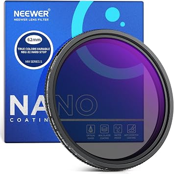 NEEWER 62mm Filtro ND Variabile True Color Hard Stop Filtro a Densità Neutra Limitata ND2-32 (1-5 Stop), Vetro Ottico HD Multistrato,No Croce X,Telaio in Alluminio,Anti Acqua/Graffio/Impronte Digitali