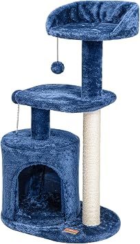 ClevaHome Albero Tiragraffi Blu Denim per Gatti Piccoli – Torre Multi-livello da 85 cm con Pali in Sisal, Piattaforme Morbide e Gioco Pensile da Interno
