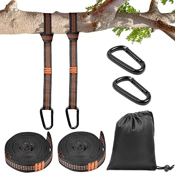 Vicloon 2 Pezzi Cinghie per Amaca, 300 cm Cinghie Amaca con 2 Moschettoni e 1 Borsa portaoggetti, Contiene Fino a 300 kg, Set di Fissaggio per Campeggio All’Aperto, Amaca, Altalene, Arancione