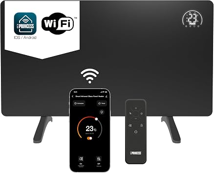 Princess Pannello a Infrarossi in Vetro, 480 W, Wi-Fi, Fino a 12 m² | Cristallo di carbonio, Grado IP44, Termostato regolabile, Schermo LCD, Telecomando, 01.348485.01.001