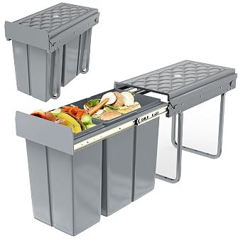 UISEBRT Pattumiera da cucina, da incasso, sistema di raccolta differenziata estraibile con scivolo, in plastica, colore grigio, 1 x 20 l + 1 x 10 l