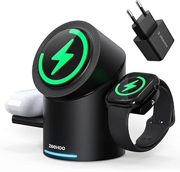 ZEEHOO – Stazione di ricarica wireless CylinTrick-R da 15 W, stazione di ricarica 3 in 1, per Apple Watch, per iPhone, per AirPods (adattatore per caricabatterie da 30 W incluso)