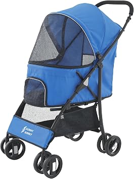 Sunny Sonny Passeggino pieghevole per animali domestici, con copertura per le intemperie, cestino portaoggetti, per cani e gatti S/M fino a 15 kg (blu)