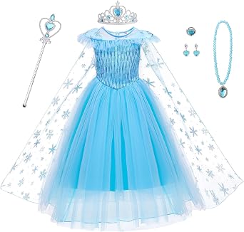AYBUY Costume da Principessa, Abito da Principessa Bambina, Principessa Vestiti con Collana Corona Bacchetta Set, Cosplay Party Halloween Abito Ragazze di Natale