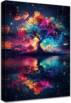 Albero Della Vita Colorato Quadri Moderni Scena Notturna Stellata Blu Rossa Stampa su Tela Con Cornice Pittura Quadri su tela Quadretti da Parete Soggiorno Camera da Letto Corridoio 30x40cm