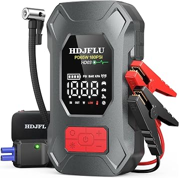 7500A con compressore d’aria da 180PSI, ricarica rapida da 65W, batteria portatile per auto da 24000mAh, gonfiatore di pneumatici da 12V (per benzina e diesel fino a 10L), luce LED
