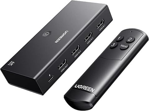 UGREEN HDMI Switch 4K 60Hz 3 Ingressi 1 Uscita Switcher 1080P UHD | 3D Dolby Atmos con Telecomando Compatibile con PS5/4 Xbox Laptop PC TV Stick Box Chromecast Lettore Blu Ray Dvd Proiettore