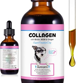 Collagene per cani, integratore per pelle e pelliccia, collagene liquido per cani forza joint supporto, flessibilità e mobilità, supplemento per fianchi e articolazioni, 60 ml