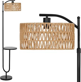 LuminexDesigns Boho Lampada da Terra Rattan con Mensole, Altezza Regolabile | 176cm Piantana E27 Orientabile, Rustico in Metallo Nero con Interruttore a Pedale, per Soggiorno e Camera da Letto WOVI MF24