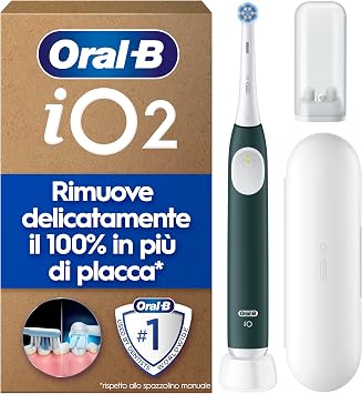 Oral-B iO 2 Spazzolino Elettrico, 1 Testina di Ricambio, Custodia, Verde | 1 Testine di Ricambio per Spazzolino Elettrico, Ricaricabile, Custodia da Viaggio, Delicato sulle Gengive, Pulizia Denti