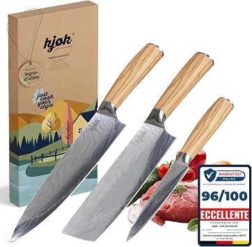 kjøk set 3 coltelli da cucina – nakiri, chef 20 cm e spelucchino 13 cm | set con nakiri, coltello da chef 20 cm e spelucchino 13 cm, 58±2 HRC, manici in legno d’ulivo e custodie incluse