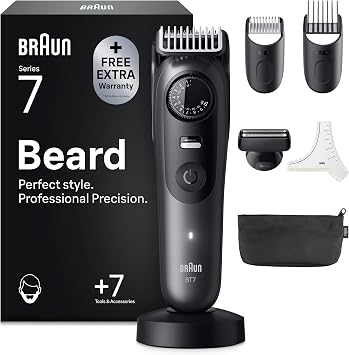 Braun Serie 7 Regolabarba Uomo, 7 Accessori, Custodia BT7525 Grigio | Rasoio Elettrico Barba con Lama Problade Affilata a Vita, 7 Strumenti da Barbiere, 40 Lunghezze, Impermeabile, Ricaricabile