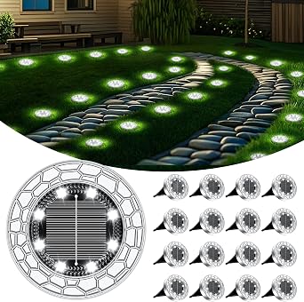 FIFlying 16 pezzi Luci Solari da Giardino, 8 LED Lampade Solare da Terra | Acciaio Inossidabile Bianco Freddo Faretti Sepolta Solari a Led da Esterno, per Prato, Vialetto, Marciapiede, Patio