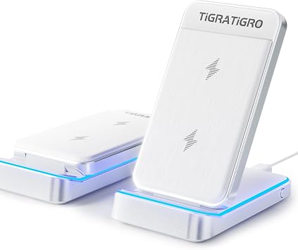 TigraTigro Caricatore Wireless 15W Qi Pieghevole, Ricarica Rapida per iPhone 16/15/14/13/12, Samsung Galaxy Google Pixel, Supporto Auricolari, Design Compatto (Argento)