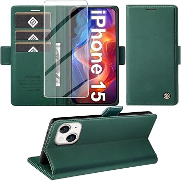 Giyer Cover per iPhone 15 Custodia con Vetro Temperato, Premium PU Portafoglio Slot per Scheda RFID Antifurto Funzione Supporto Flip Case, Antiurto per iPhone 15 5G Cover (Verde)