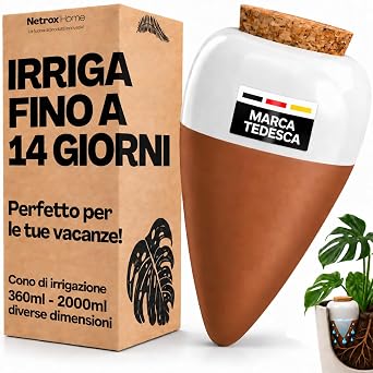 Netrox Coni di irrigazione in argilla – 1 x 360 ml – ideale in vacanza fino a 14 giorni – irrigazione automatica per piante da appartamento, giardino e balcone – irrigazione, sistema di irrigazione