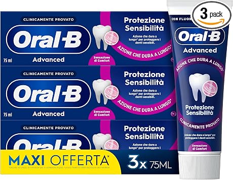 Oral-b Dentifricio Advanced Protezione Sensibilità 3x75ml, Dentifricio per Denti Sensibili, Pulizia Denti Efficace, Alito Fresco, Sapore Eucalipto Menta Piperita