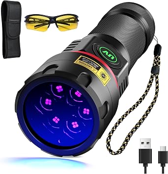 DARKBEAM Torcia UV 365nm 6x LED [4-core] Torce Luce nera ultravioletta | Lampada di Wood Portatile ricaricabile 80W, Rilevatore di Urina di Cane/Gatto, per minerale, ambra, vetro uranio, sangue