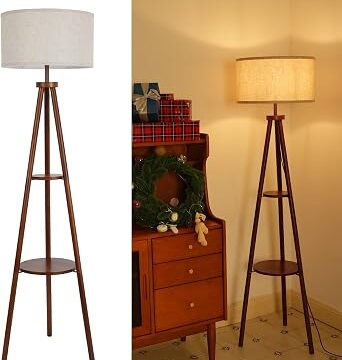 LuminexDesigns Lampada da Terra Treppiede Vintage in Legno con Ripiano | Noce Piantana Rustica con Paralume in Tessuto, Interruttore a Pedale, 154 cm, E27, per Soggiorno, Camera da Letto WOVI FL03