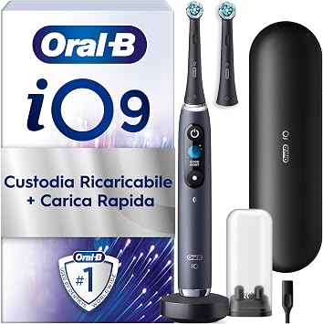 Oral-B iO 9 Spazzolino Elettrico, 2 Testine di Ricambio, Custodia, Nero | 2 Testine di Ricambio per Spazzolino Elettrico Ricaricabile, Custodia da Viaggio, Copri Testina, Pulizia Denti Efficace