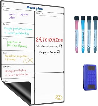 SURFOU Lavagna Magnetica Frigo A3 Cancellabile, Calendario Settimanale | per Pasti, Famiglia, Agenda, Spesa e Lista delle Cose da Fare – con 4 Pennarelli e Gomma a Secco