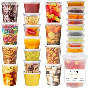 VINATO Contenitori Ermetici per Alimenti, 48x 950/470/240ml, Microonde | Antifuoriuscita, Impilabili, Lavastoviglie, Congelamento, Facile da pulire, Meal Prep, Ufficio, Campeggio, 3 Dimensioni