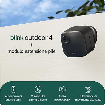 Videocamera Blink (Outdoor 4) + modulo estensione pile | Videocamera di sicurezza smart HD wireless, autonomia di quattro anni, compatibile con Alexa | Sistema a 3 telecamere | IP65