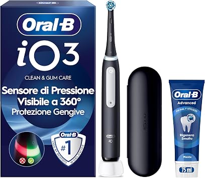 Oral-B Spazzolino Elettrico Ricaricabile iO 3N Nero, 1 Testina Di Ricambio, 1 Spazzolino Elettrico Oral B + 1 Dentifricio Gengive & Smalto Pro-Repair Classico 75ml