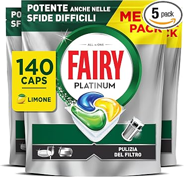 Fairy Platinum Pastiglie Lavastoviglie Tutto in Uno, 140 Caps, Limone | Detersivo in Capsule, Efficace su Grasso e Sporco Ostinato, Rimuove I Residui dal Filtro, Dissoluzione Rapida, Giga Pack
