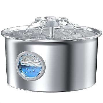 Fontanella per Gatti Acciaio Fontana Gatto: Fontana per Gatti – 2.6L Distributore Acqua Cani – Fontanella Gatto Automatico – Dispenser Acqua Animali – Cascata di Fiori – con Finestre Prospettiche