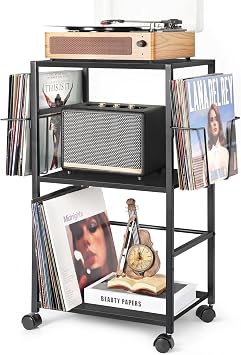 Bikoney Mobile Giradischi con 2 Espositori per Vinili e Tavolino Laterale – Supporto per Giradischi e Contenitore per Fino a 150 Dischi in Vinile per Soggiorno o Camera da Letto – Nero