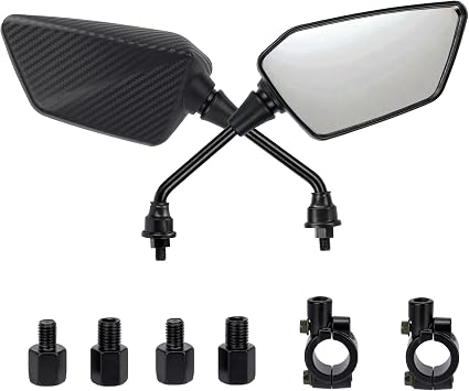CINQUECUORI – Specchietti Retrovisori Moto Universali Bar End Regolabili, in ABS e Acciaio Carbon Look, Design Sportivo, Compatibili con Scooter, Moto Naked, Bici Elettriche, Facili da Installare