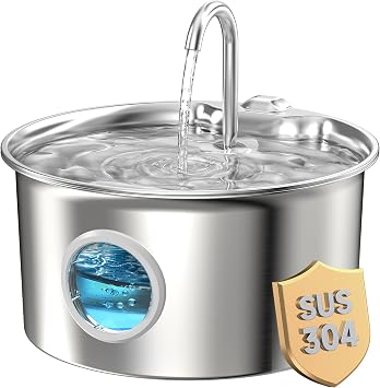 Fontanella per Gatti Acciaio Inox: 2.6L Fontana per Gatti Inossidabile | Automatico Fontanelle Gatto Silenziosa – Dispenser Acqua Gatto con Finestra Livello Acqua – Distributore Acqua per Cani