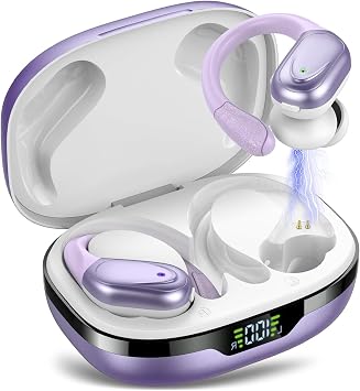 Cuffie Bluetooth, Sport Auricolari Bluetooth 5.3 con Gancio per Orecchio, 60H con Indicatore LED per Cassa di Ricarica, Chiamata ENC HD, Vestibilità Comoda, Basso Profondo, IPX7 Bianco Viola