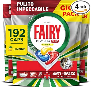 Fairy Platinum Plus Pastiglie Lavastoviglie Tutto in Uno, 192 Caps, Limone | Detersivo in Capsule, Stoviglie Brillanti, Rimuovi Grasso, Efficace nei Cicli Brevi al Primo Lavaggio, Anti-Opaco, Giga Pack