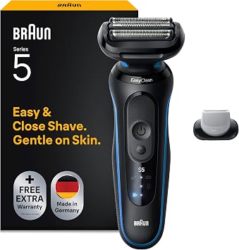 Braun Serie 5 Rasoio Elettrico Barba, 1 Accessorio, 52-B1600s, Blu | Regolabarba Uomo, 1 Accessorio, Rasoio Barba Impermeabile, Ricaricabile, 50 Min di Utilizzo
