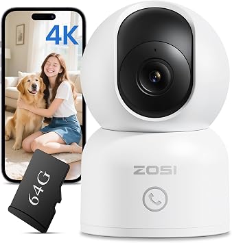 ZOSI Pack 1 Telecamera Interna 4K 8MP WiFi 2,4G/5G Scheda Memoria 64GB | Pan/Tilt Vista 360° Rilevamento Persona/Volto/Animale, Audio Bidirezionale, Inseguimento Auto e Chiamata 1 Click, C518