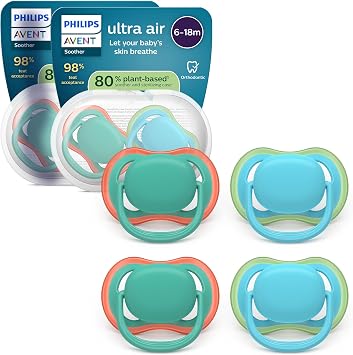 Philips Avent Ultra Start Ciuccio – Design ortodontico, per neonati 6-18 mesi, tettarella simmetrica in morbido silicone, senza BPA, 2 custodie per la sterilizzazione, confezione da 4, SCF087/24